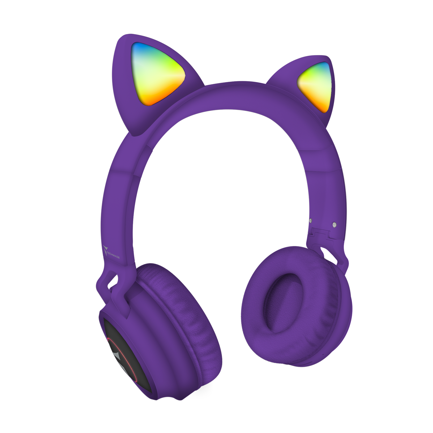Cuffie viola con orecchie da gatto, luci a LED e un pannello di controllo nero.