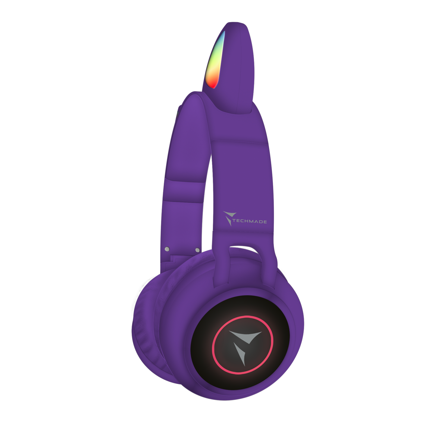 Cuffie viola con luci arcobaleno in alto. Il marchio 'TECHMADE' è visibile sull'archetto.