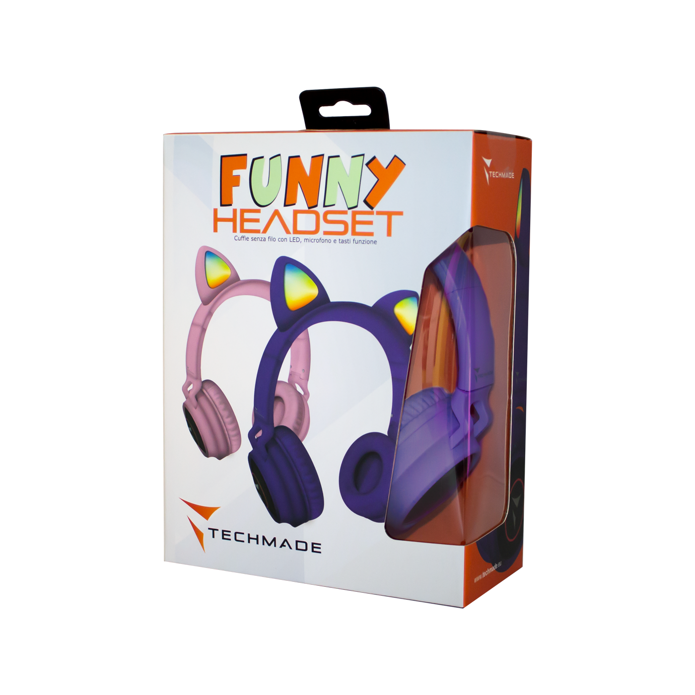 Scatola per cuffie, Funny Headset, con cuffie con orecchie da gatto all'interno.