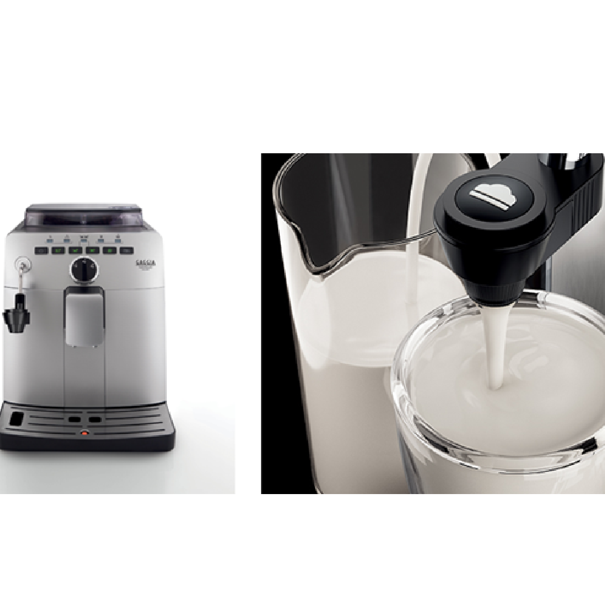 Srebrny ekspres do kawy z mlekiem wlewanym do szklanki.