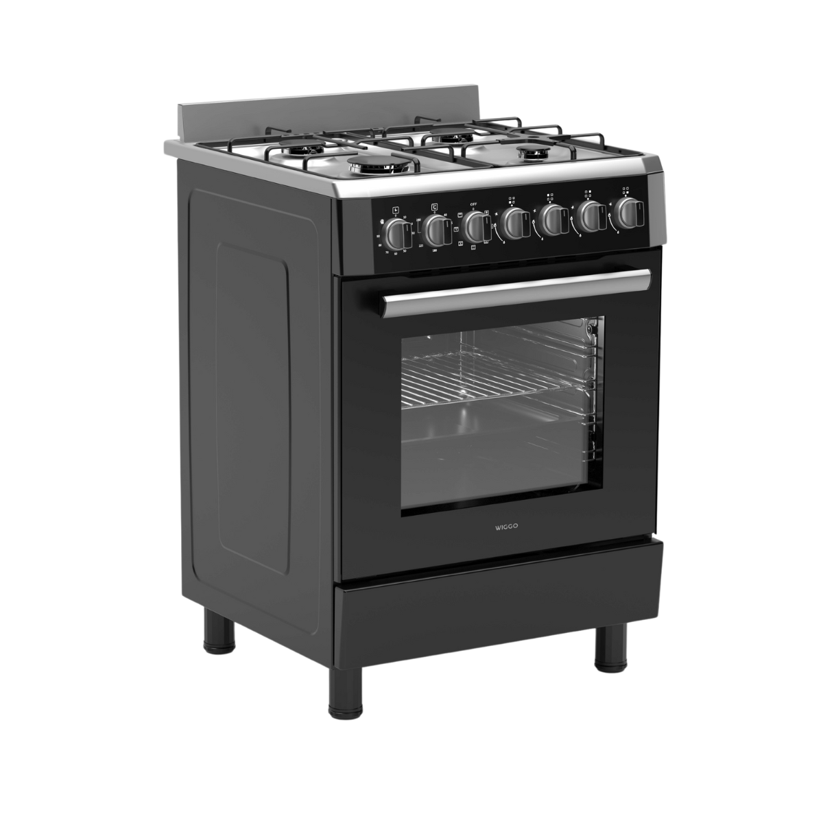 A black stove seen from an angle, with four burners and an oven.