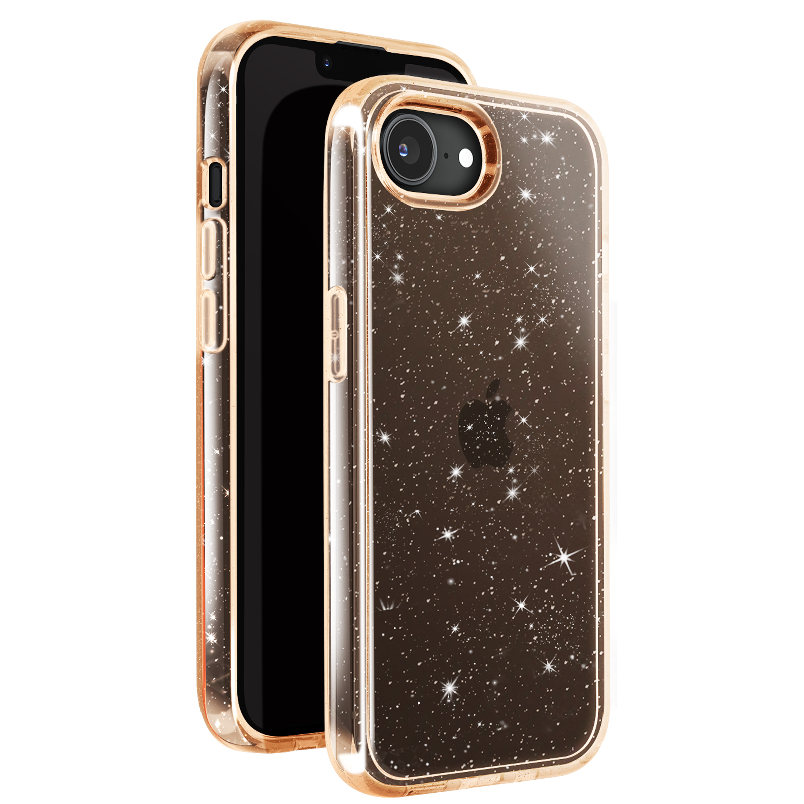 Ein Telefon mit einer funkelnden Hülle befindet sich neben dem Telefon. Die Hülle ist goldfarben und hat Sterne, das Telefon ist schwarz.