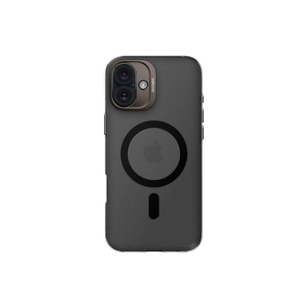 Custodia per telefono nera con anello magnetico e area fotocamera, su sfondo bianco.