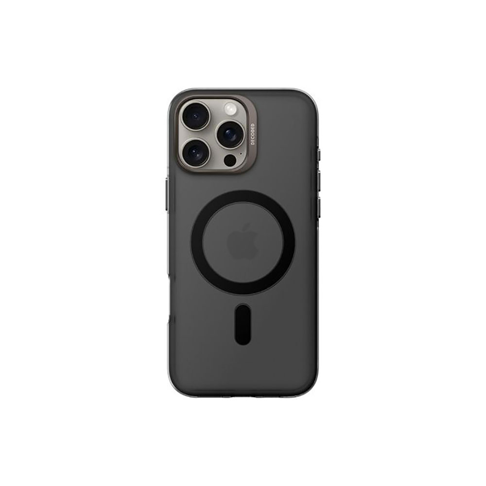 Custodia per telefono nera con ritagli per fotocamera, sfondo grigio.