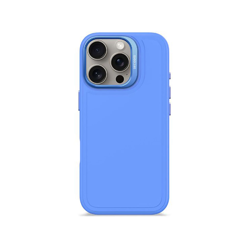 Blauwe telefoonhoes met een camera-uitsparing. De hoes heeft een glad oppervlak.