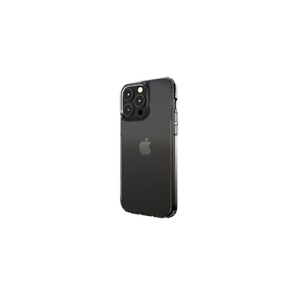 iPhone nero con custodia trasparente. Logo Apple visibile. Sfondo bianco.