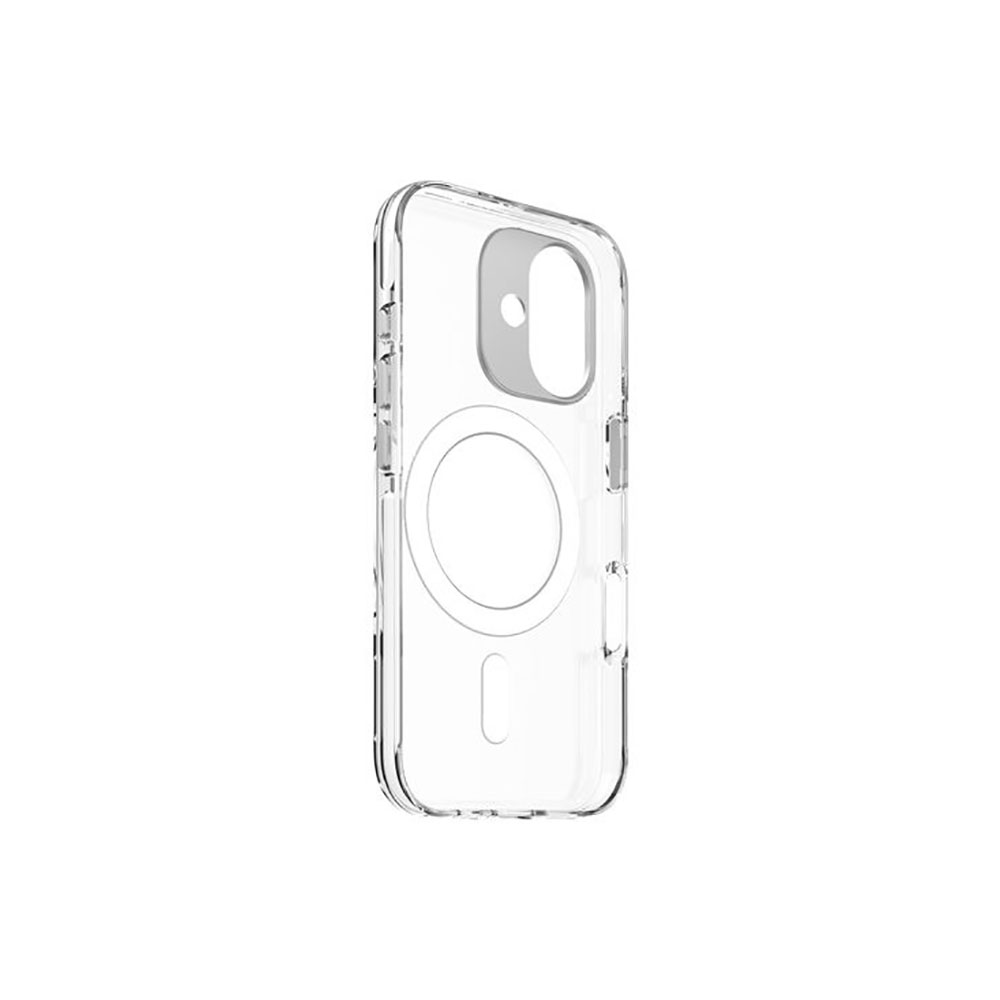 Eine transparente Handyhülle mit kreisförmigem Ausschnitt, auf weißem Hintergrund.