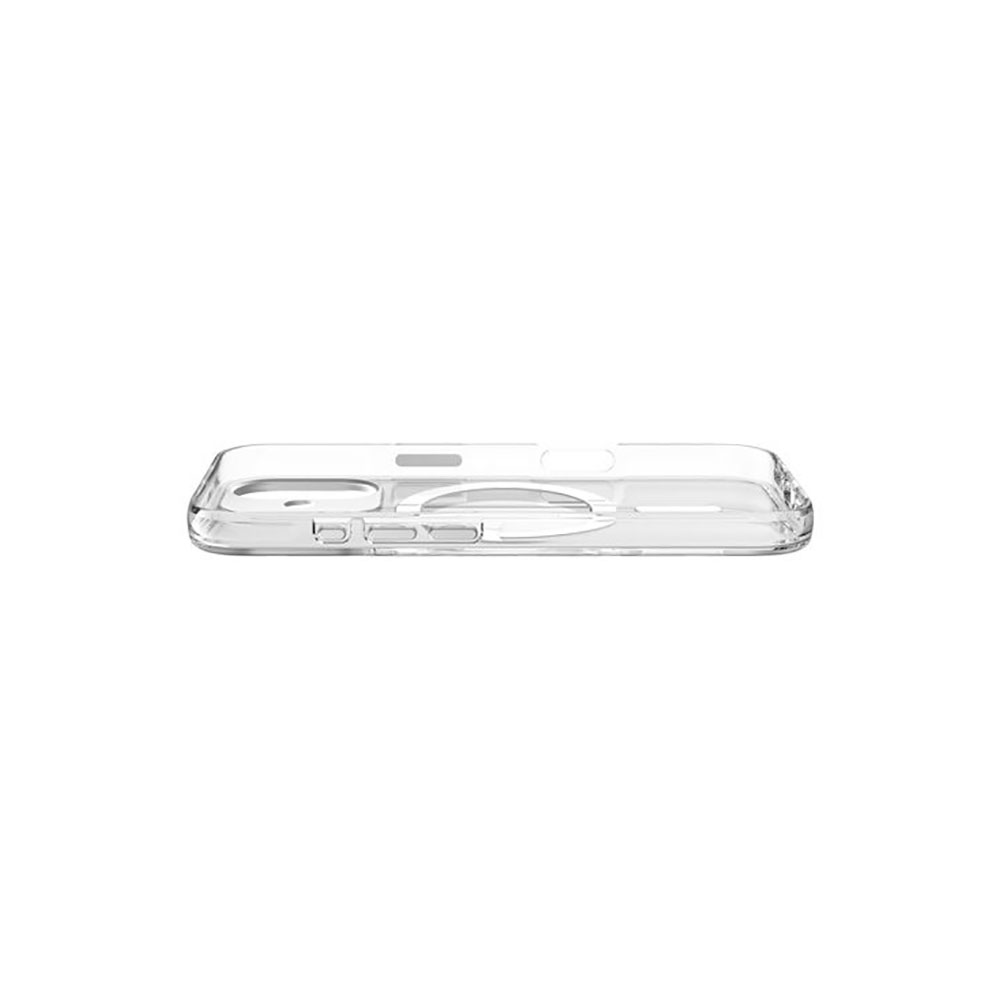 Transparente Handyhülle mit Öffnungen für Kamera und Anschlüsse. Weißer Hintergrund, Draufsicht.