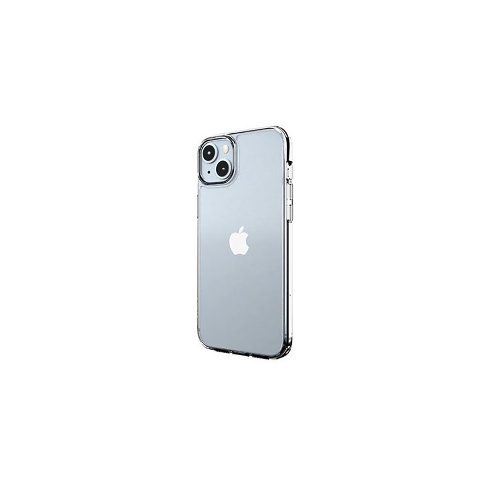 iPhone trasparente con custodia, che mostra il logo Apple. Sfondo bianco.