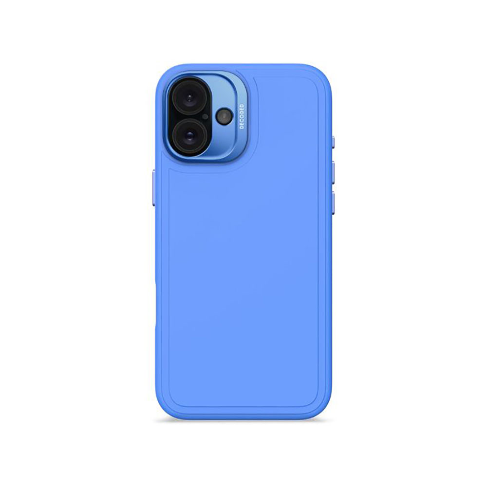Une coque de téléphone bleue avec une découpe pour l'appareil photo et trois boutons sur le côté.