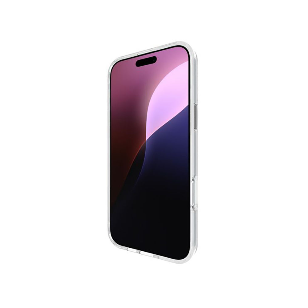 Smartphone in una custodia trasparente, con schermo sfumato rosa e nero e tasti laterali.