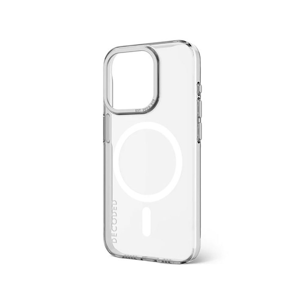 Custodia trasparente per telefono con design circolare su sfondo bianco. Marchio Decoded.