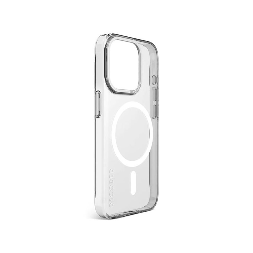 Una custodia trasparente per telefono con un cerchio bianco e un segno meno, con scritto DECODED.