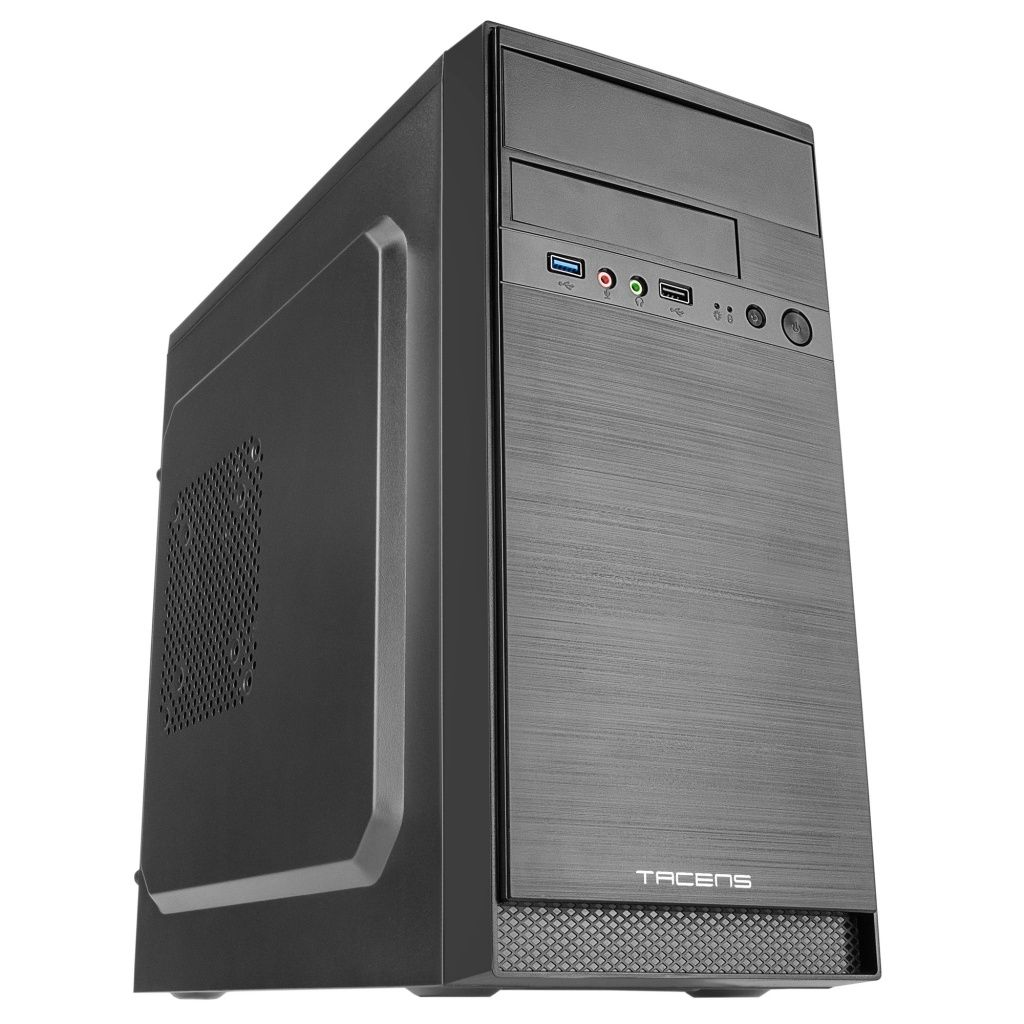 Case nero per computer con porte frontali. Logo Tacens in basso. Vista angolata.