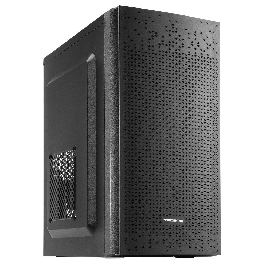 Case per computer nero con una parte anteriore a fantasia. Sfondo bianco.