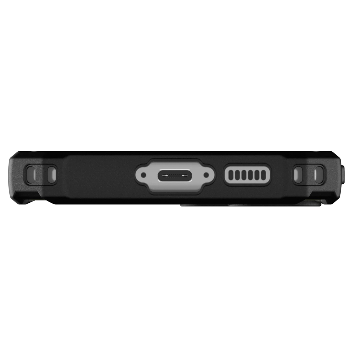Zwarte telefoonhoes onderkant. USB-C-poort, luidspreker en knoppen zichtbaar.