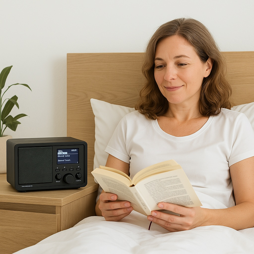 Eine Frau liest im Bett ein Buch mit einem schwarzen Radio auf dem Nachttisch.
