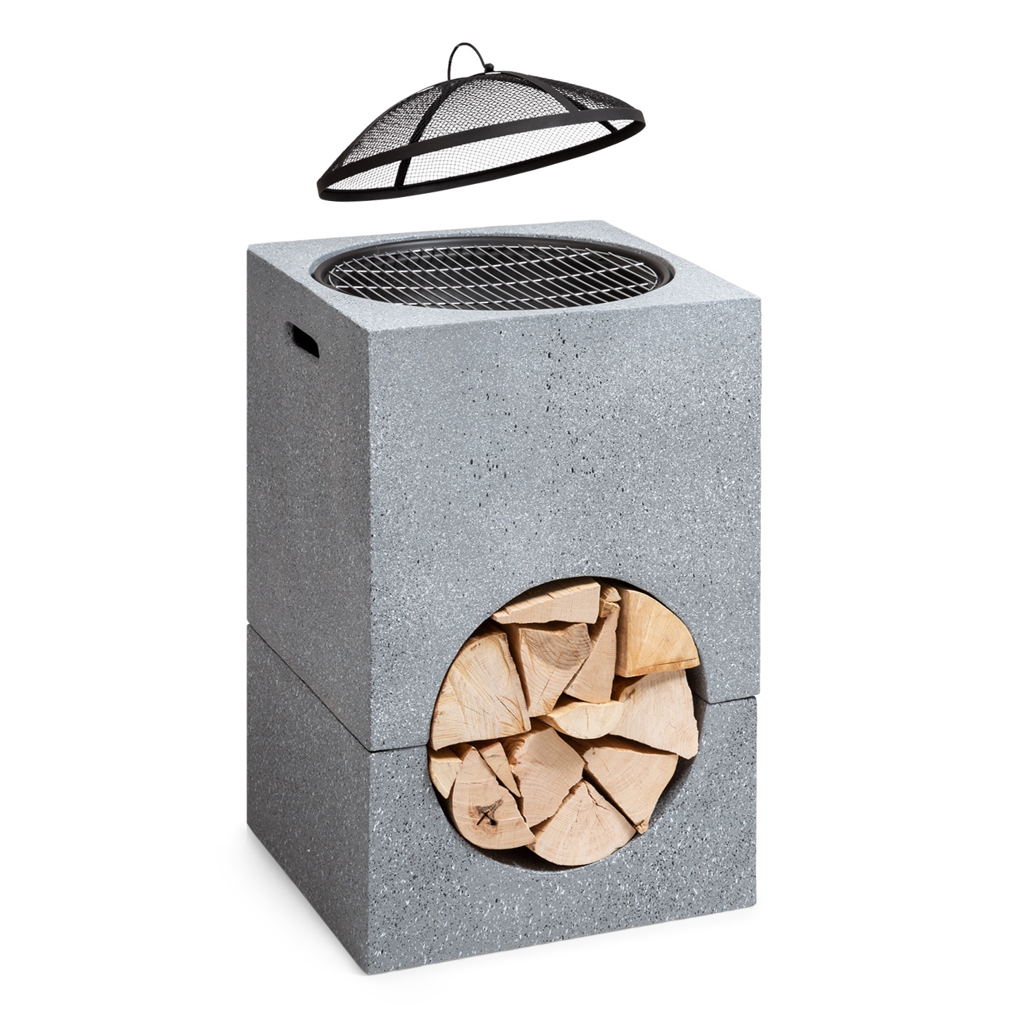 Ein grauer Beton-Grill mit Deckel und Holz innen. Es ist ein würfelförmiges Outdoor-Kochgerät.