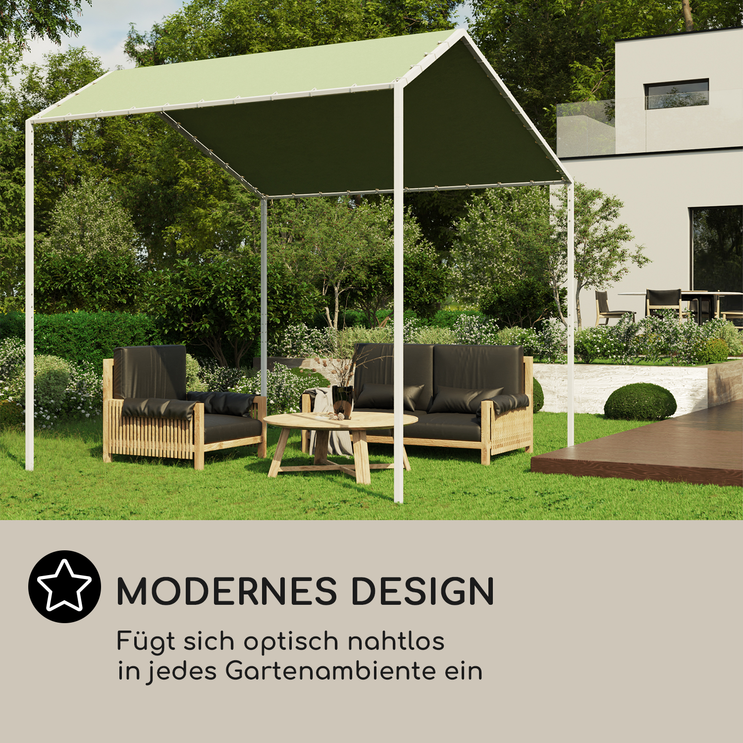 Una tenda da sole verde sopra un'area salotto in un giardino. Un design moderno con testo sottostante.
