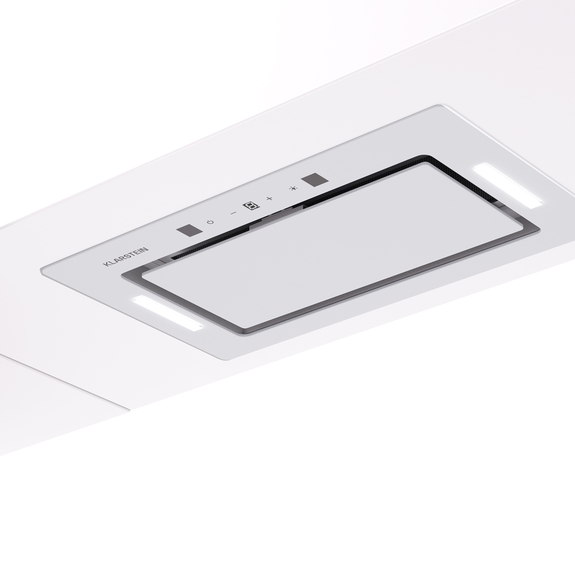 Una cappa da cucina bianca con luce rettangolare e pannello di controllo, contro un soffitto bianco.