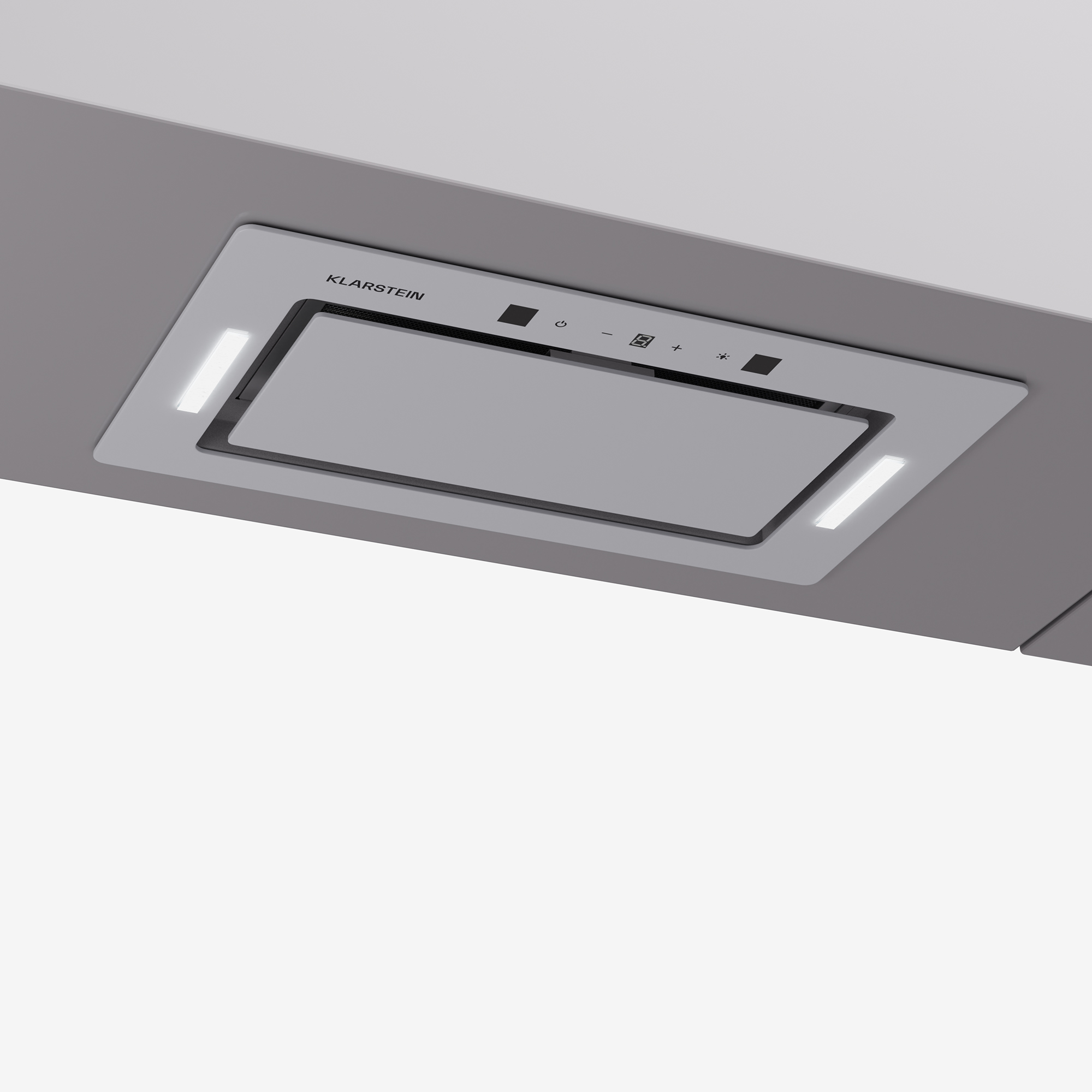 Cappa da cucina grigia e bianca con luci, montata a soffitto.