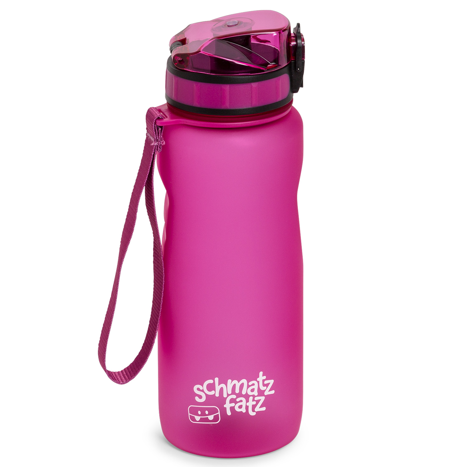 Rosa Wasserflasche. Sie hat einen Deckel, einen Riemen und das Logo der Marke drauf.