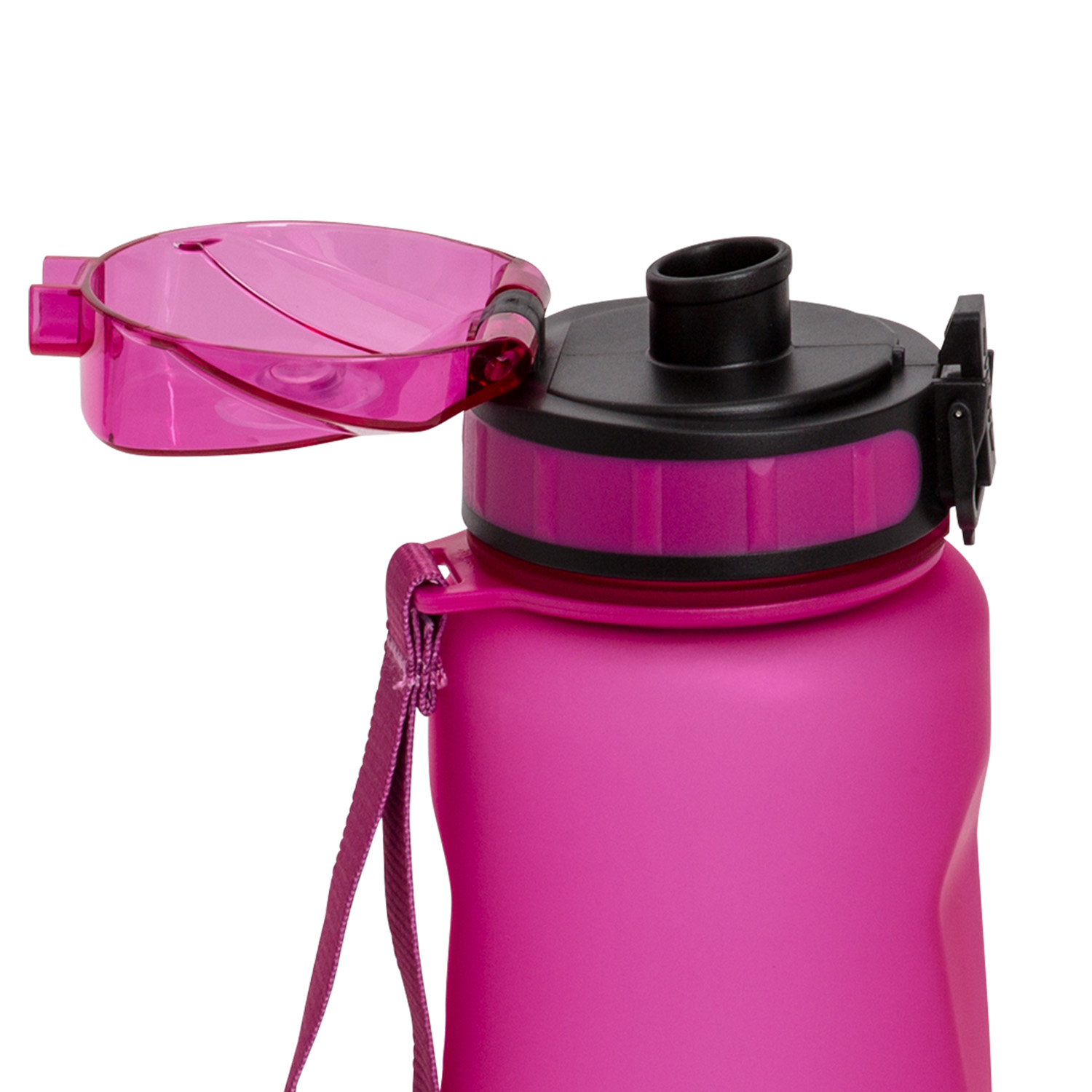 Rosa Wasserflasche mit offenem Deckel. Schwarzer Deckel und rosa Riemen.