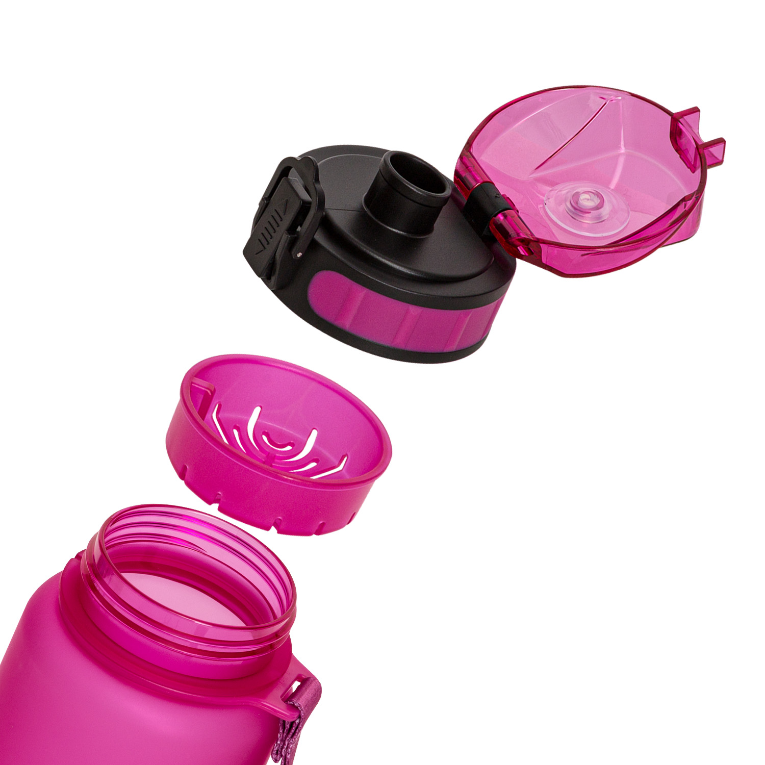 Eine zerlegte Wasserflasche mit einem rosa Deckel und ihren Teilen. Die Flasche ist rosa.