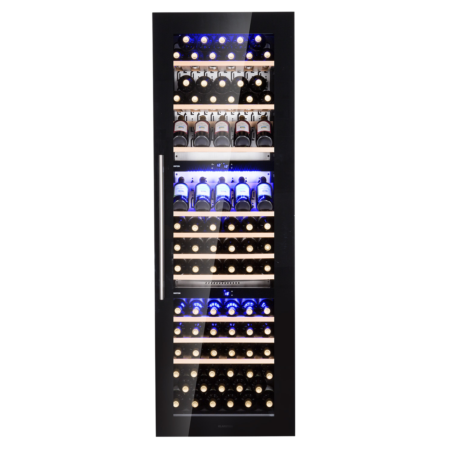 Cantinetta vino nera con porta a vetro. Contiene molte bottiglie di vino con luci accese.