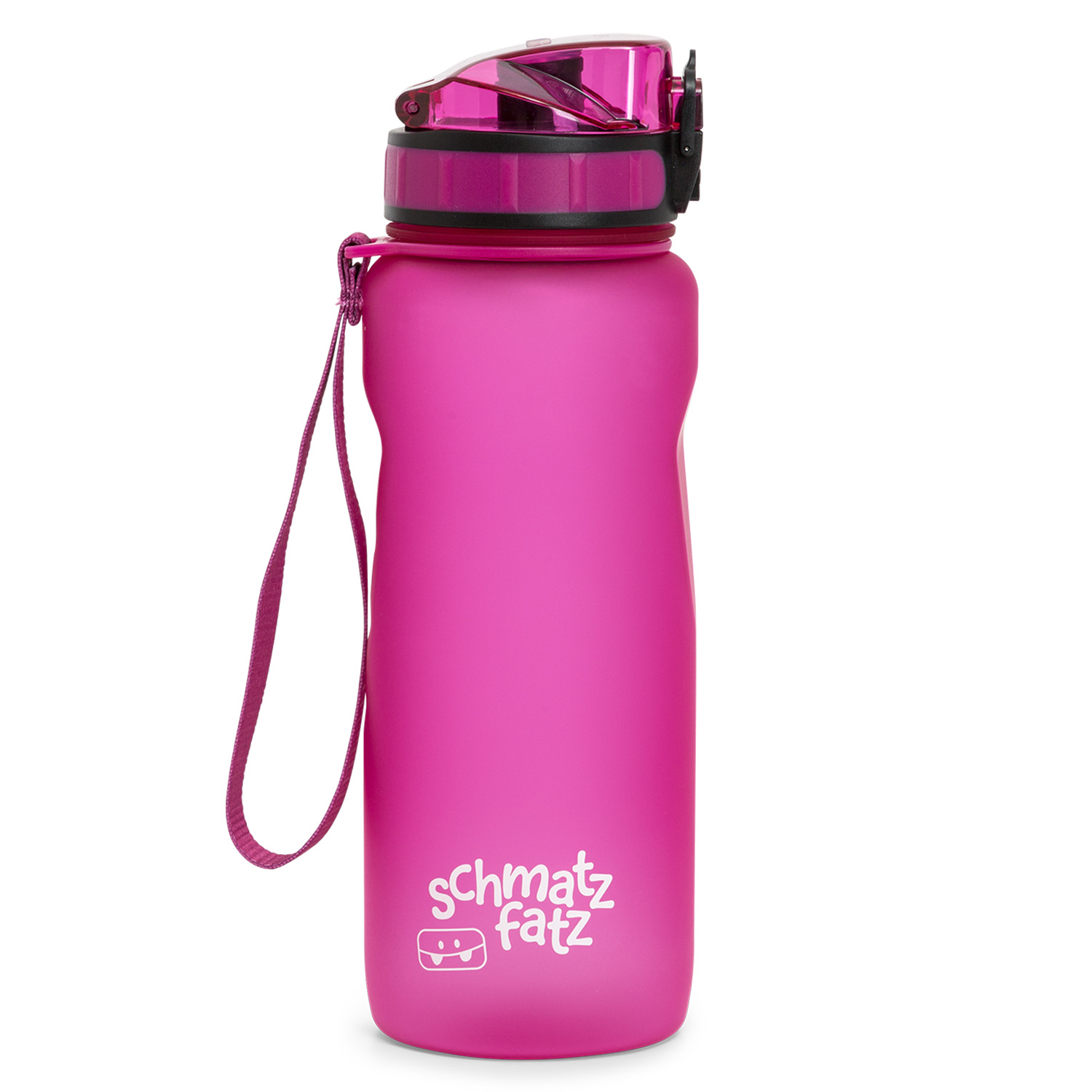 Rosa Wasserflasche mit Riemen und dem Wort "schmatz fatz".
