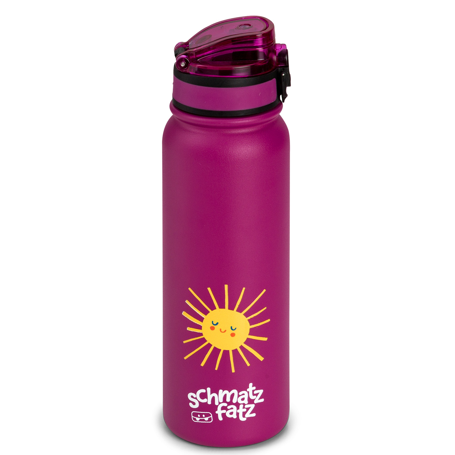 Eine violette Wasserflasche mit Sonnenillustration und dem Schriftzug 'schmatz fatz'.