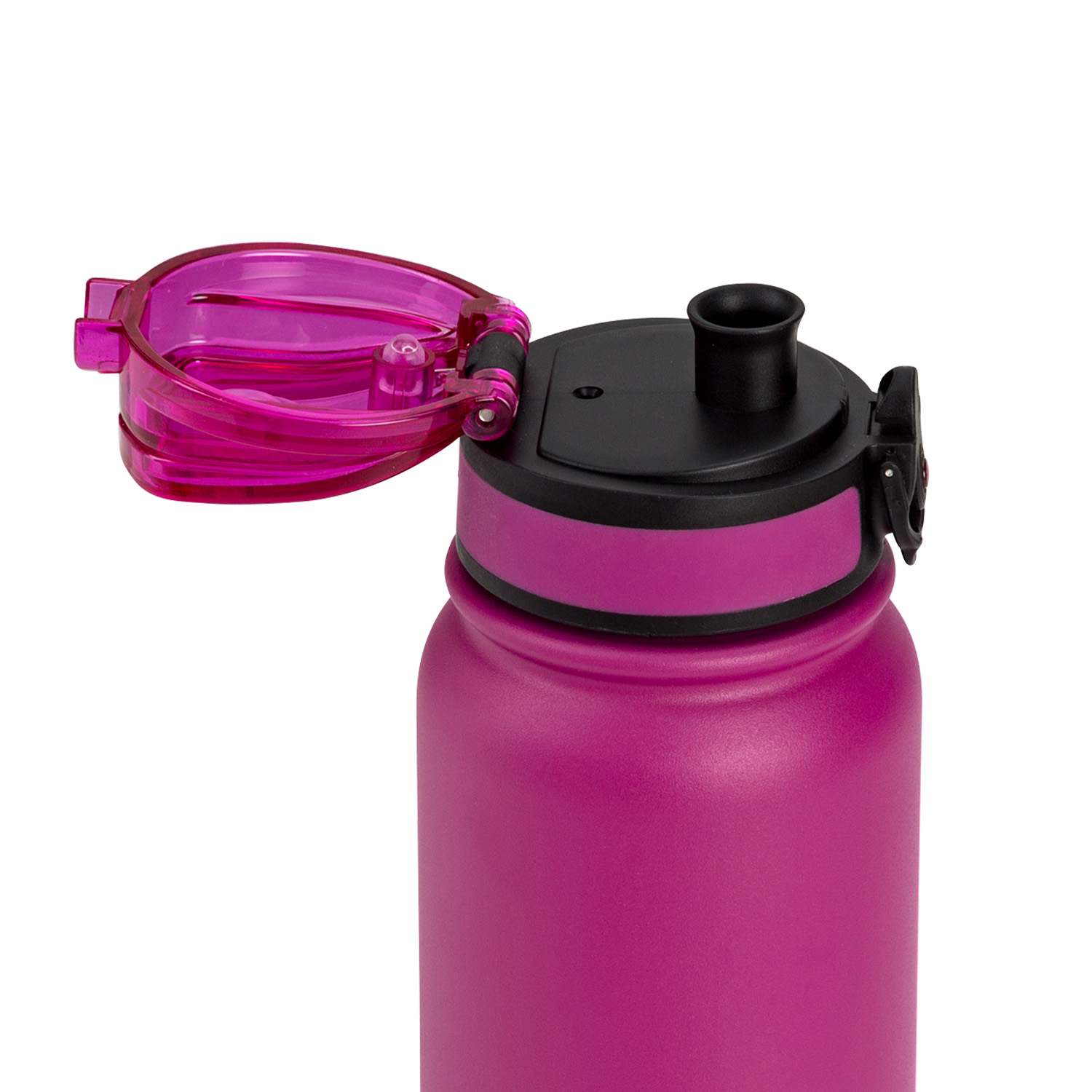 Nahaufnahme einer pinkfarbenen Wasserflasche mit schwarzem Deckel und pinkfarbenem Klappdeckel.