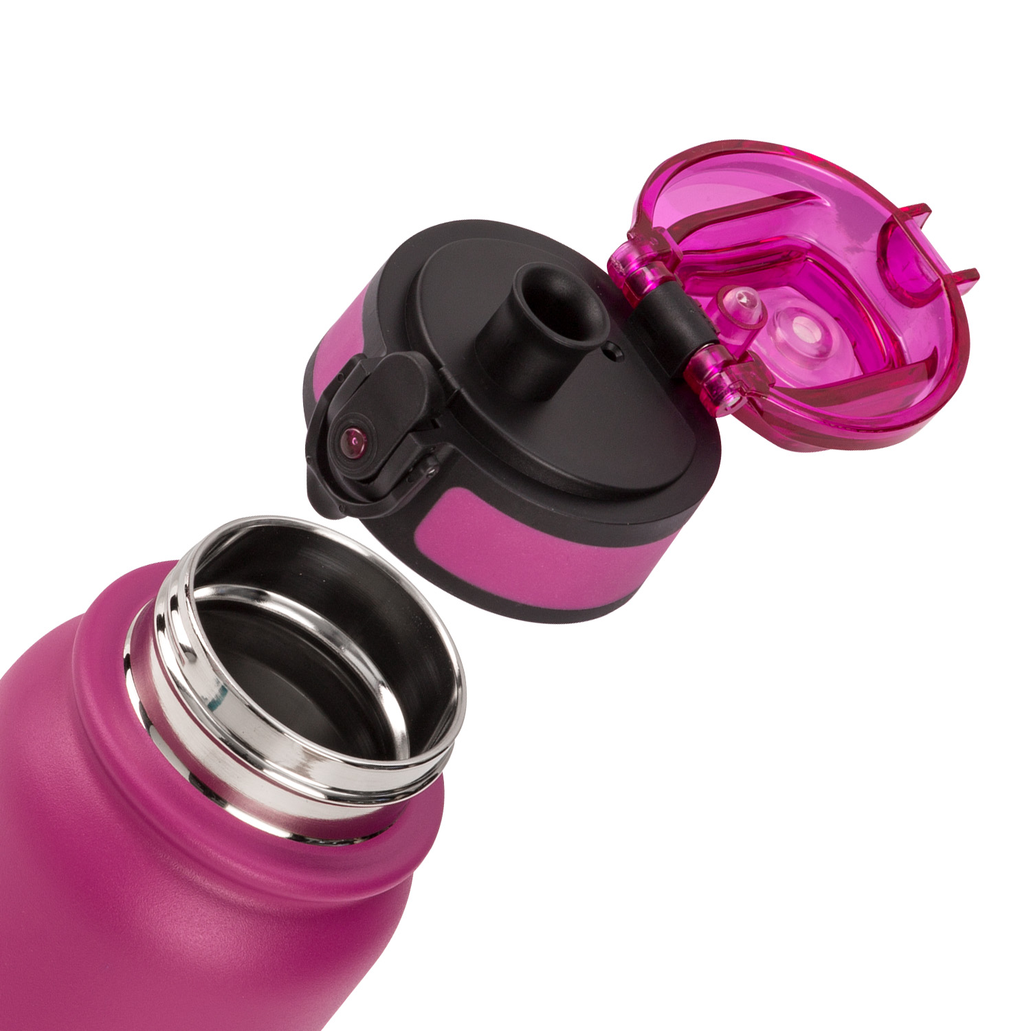 Eine Wasserflasche mit offenem Deckel, die Flasche ist rosa.