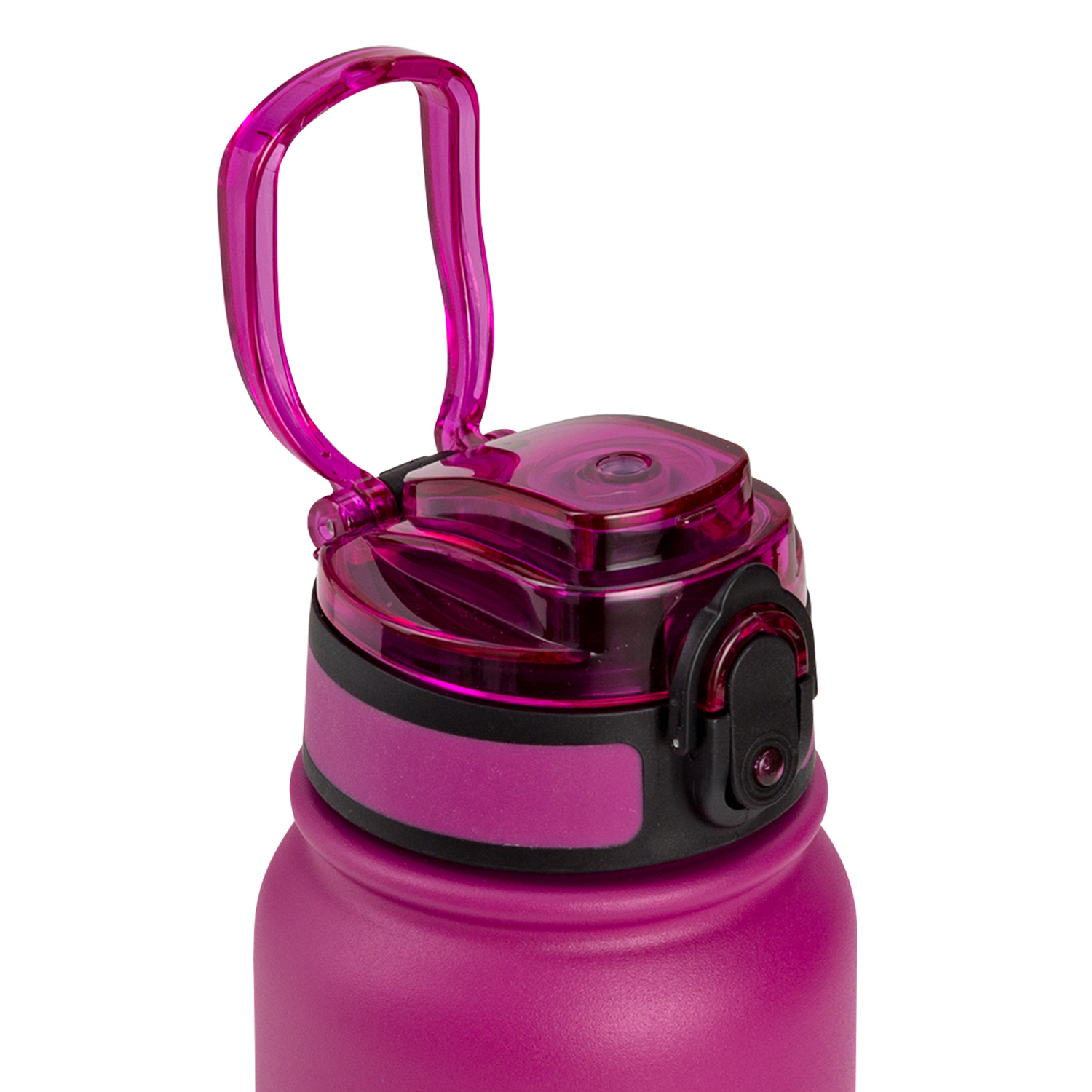Nahaufnahme einer magentafarbenen Wasserflasche mit einem klaren, gebogenen Griff auf weißem Hintergrund.
