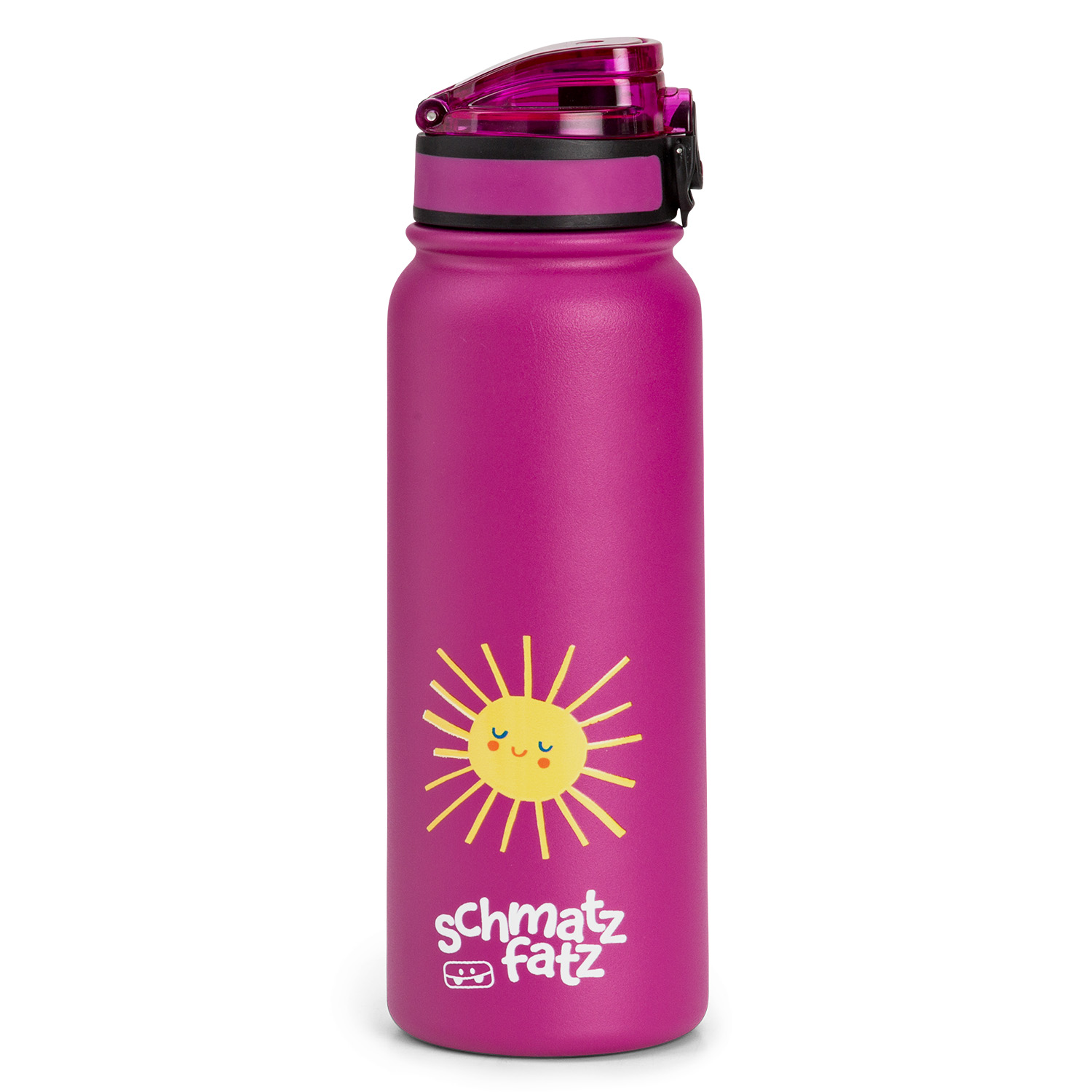 Eine rosa Wasserflasche mit gelber Sonne und dem Wort 'schmatz fatz'.