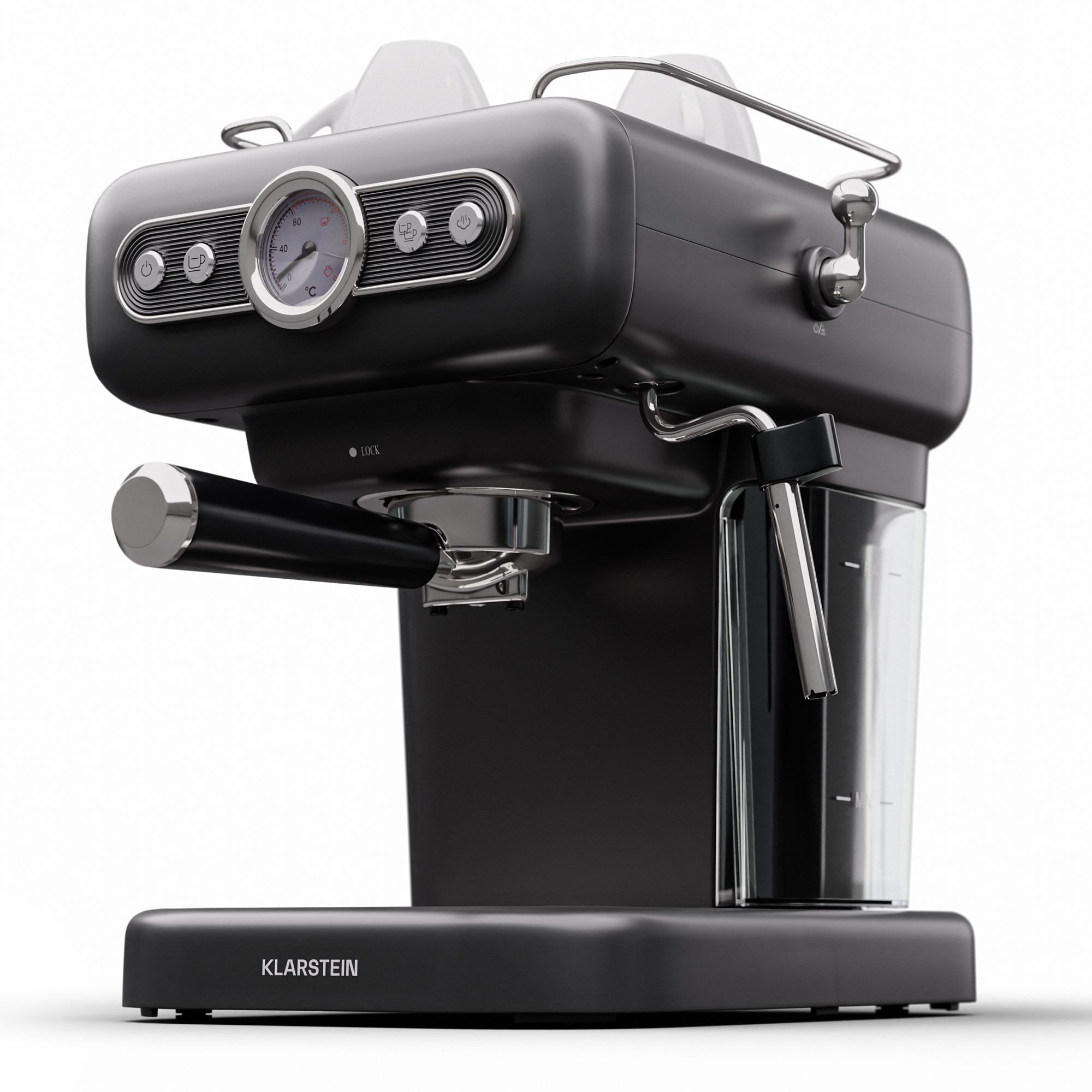Macchina per espresso nera con dettagli argentati, un manometro e un serbatoio dell'acqua.