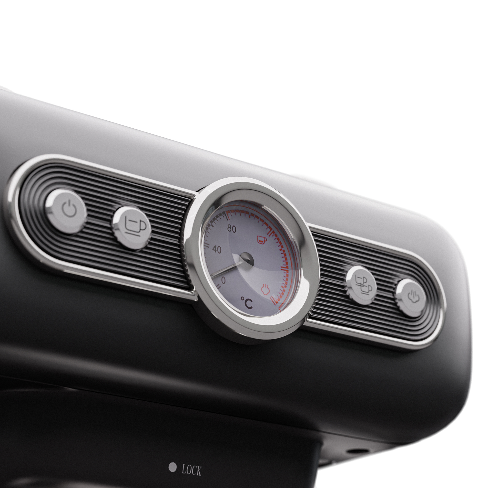Primo piano di una macchina da caffè nera con un indicatore di temperatura. Lo sfondo è bianco.