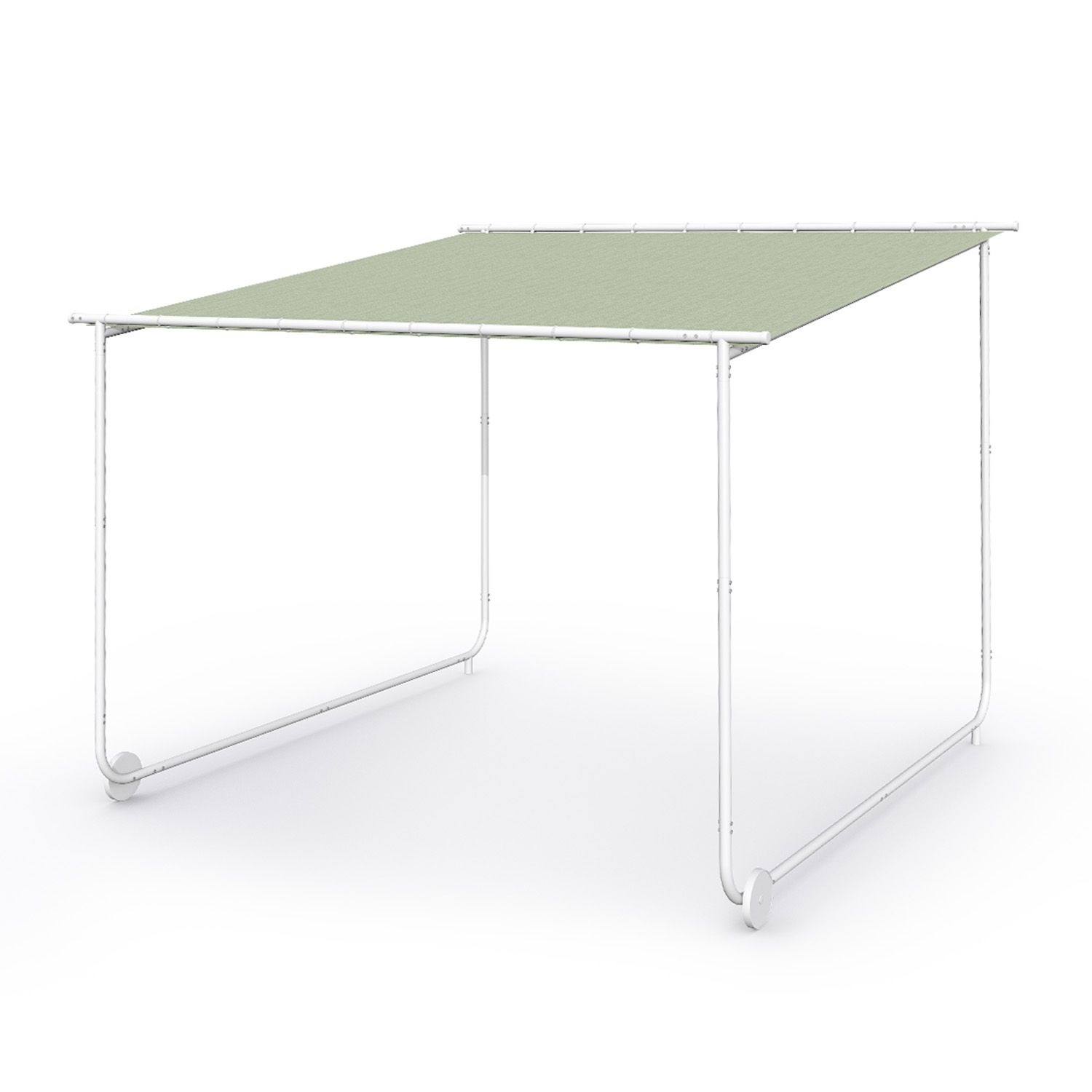 Ein weißes rechteckiges Vordach mit grünem Stoff. Es hat ein einfaches, minimalistisches Design, mit weißem Hintergrund.