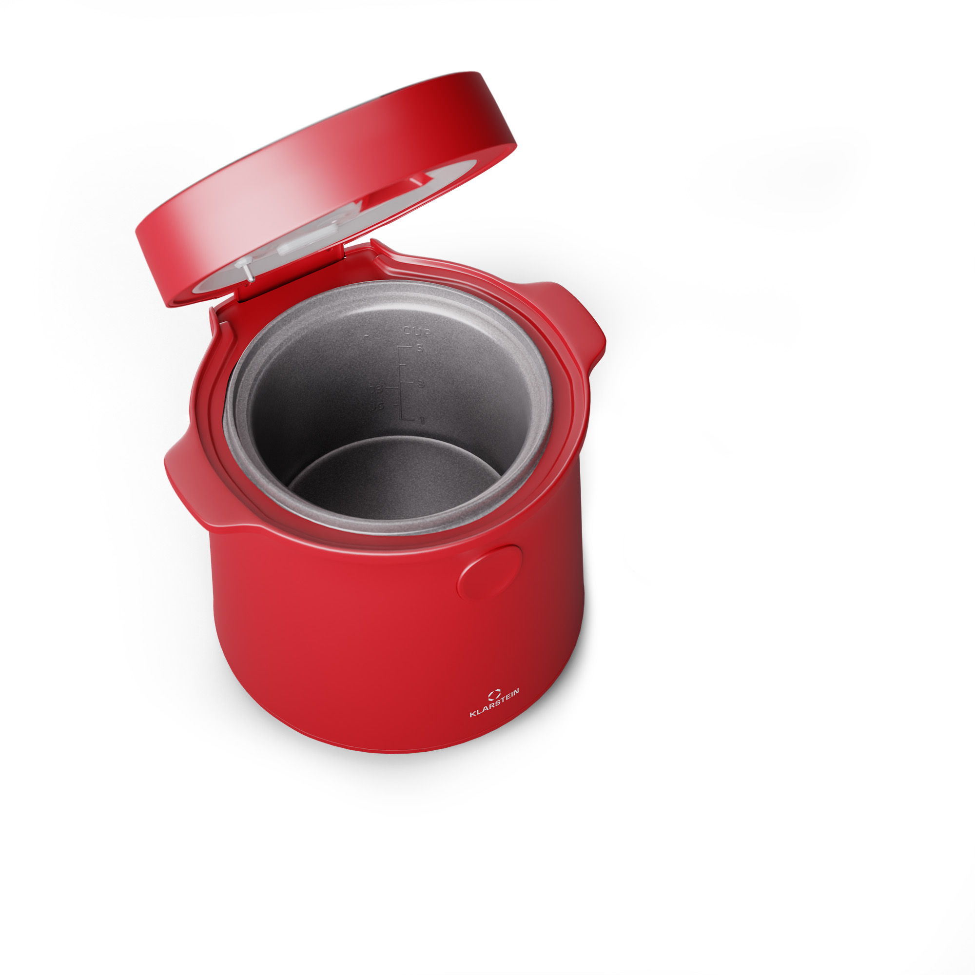 Roter Slow Cooker mit geöffnetem Deckel auf weißem Hintergrund, Draufsicht.