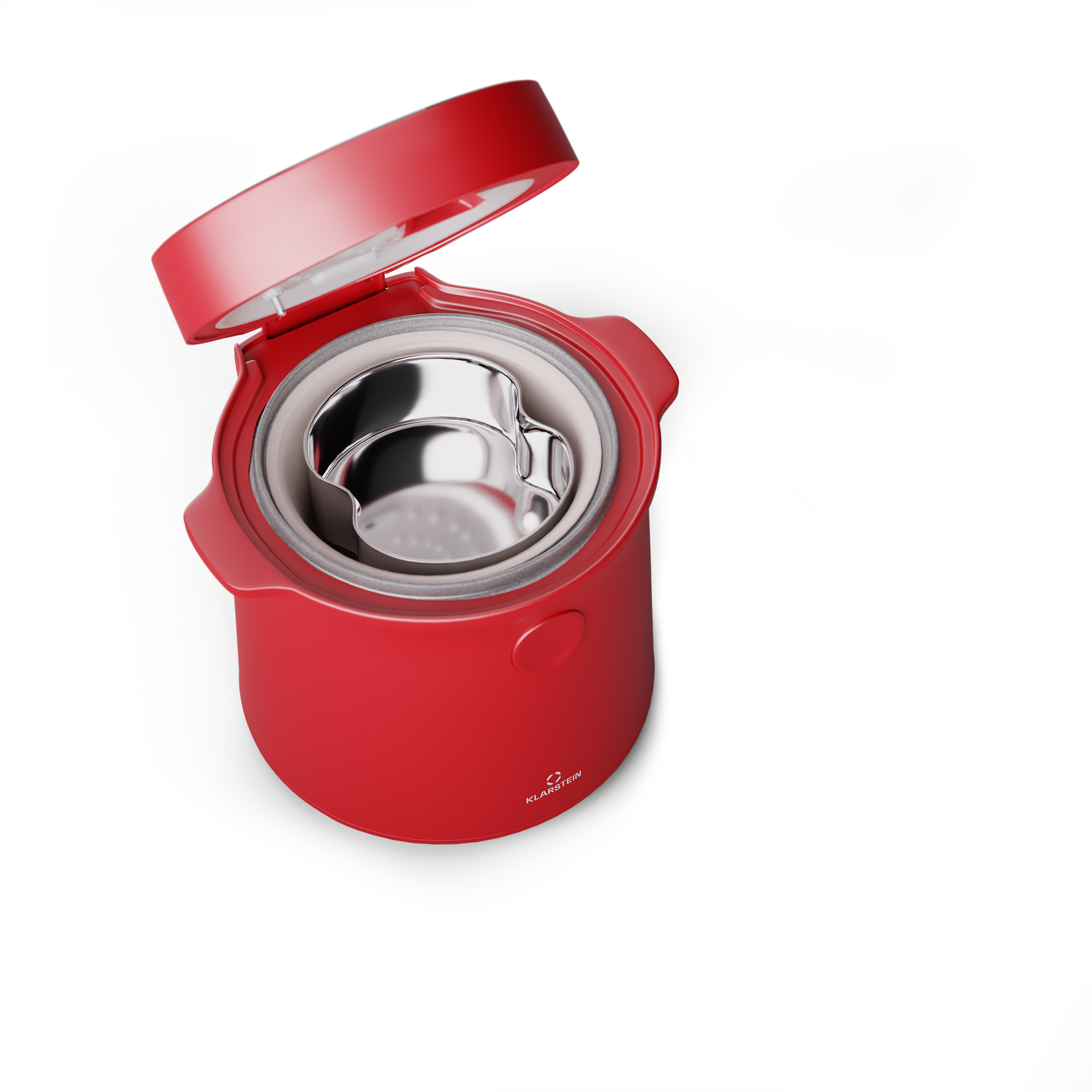 Roter Eisbereiter mit offenem Deckel, zeigt den inneren Metallbehälter.