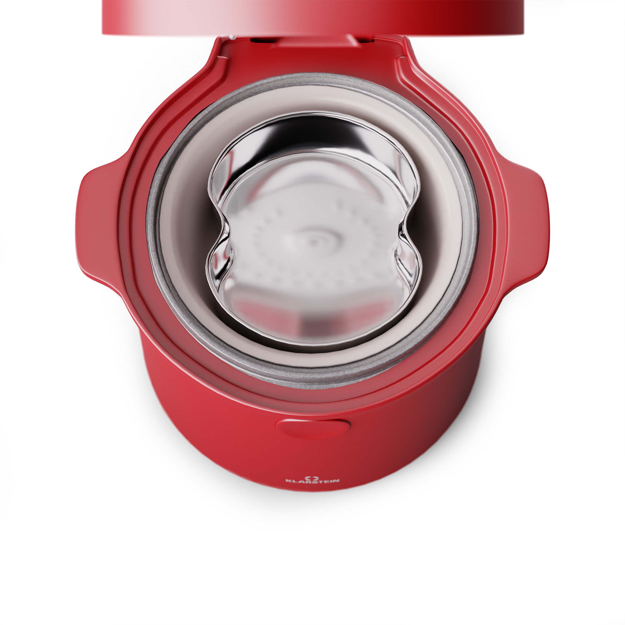Ein rotes Küchengerät mit offenem Deckel, das einen silbernen Innenbehälter freilegt.