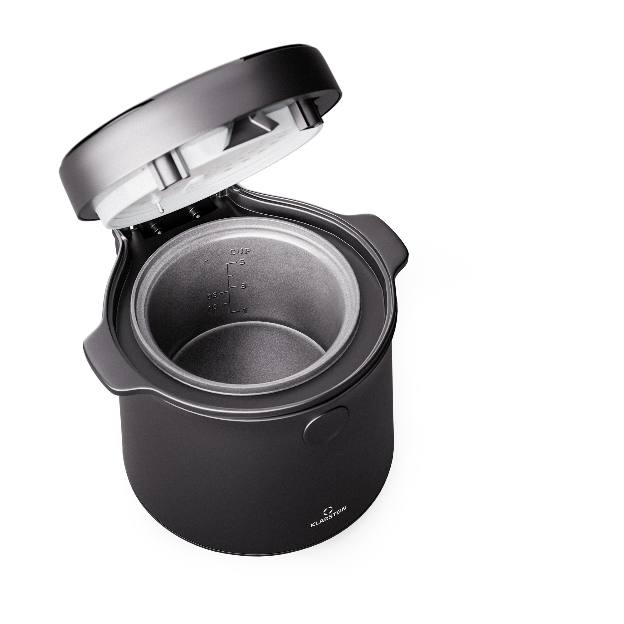 Ein offener, schwarzer Slow Cooker auf weißem Hintergrund. Der Innentopf ist grau mit Messungen.