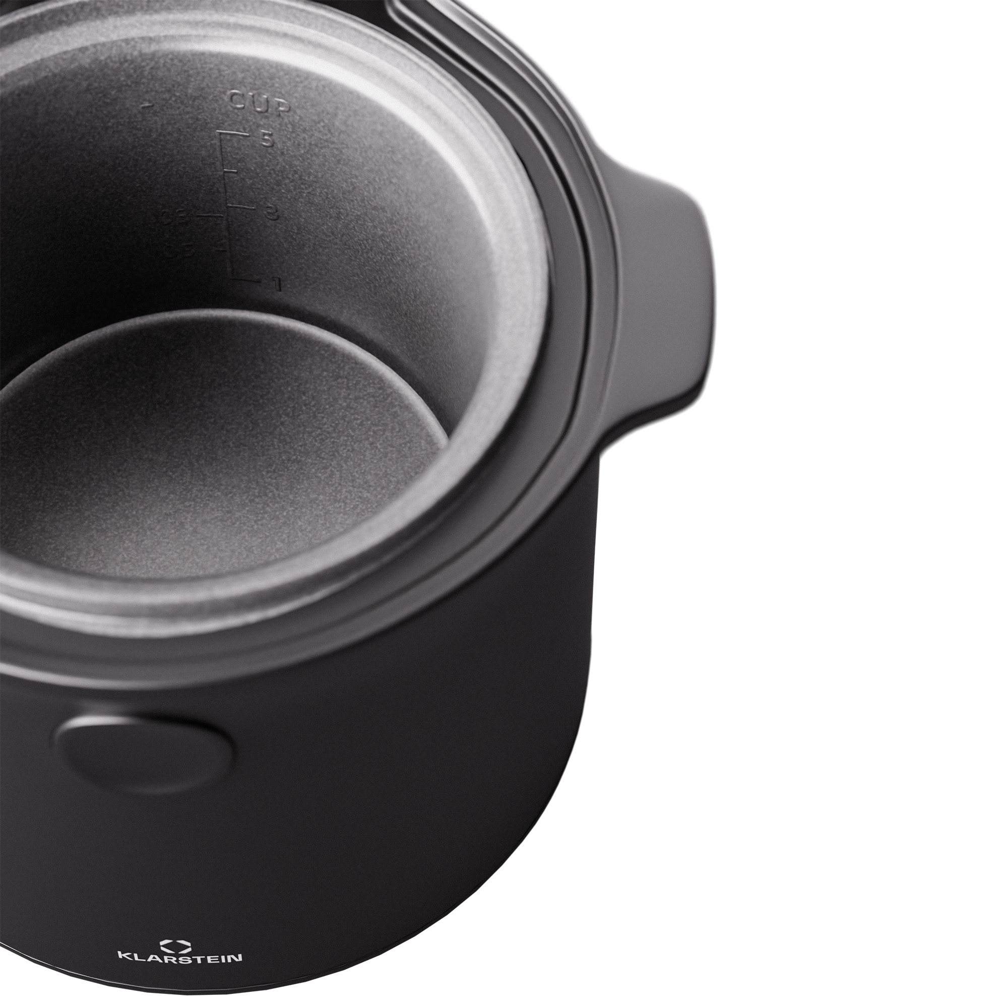 Schwarzer Slow Cooker, Draufsicht. Innenansicht zeigt den Kochtopf. Klarstein-Logo vorne.
