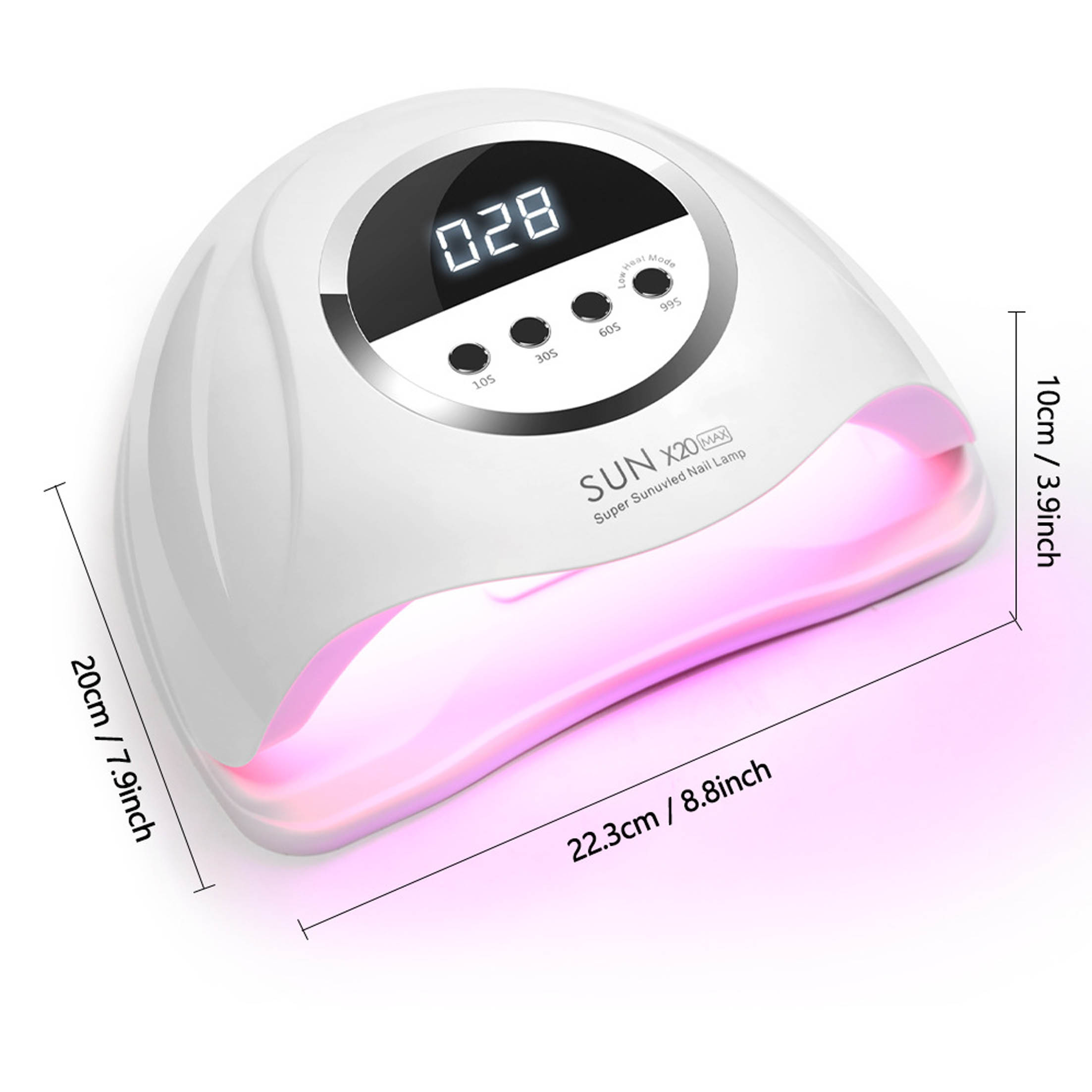 Weiße Nagellampe mit Abmessungen. Hat einen LED-Bildschirm. Die Abmessungen sind in cm und Zoll angegeben.