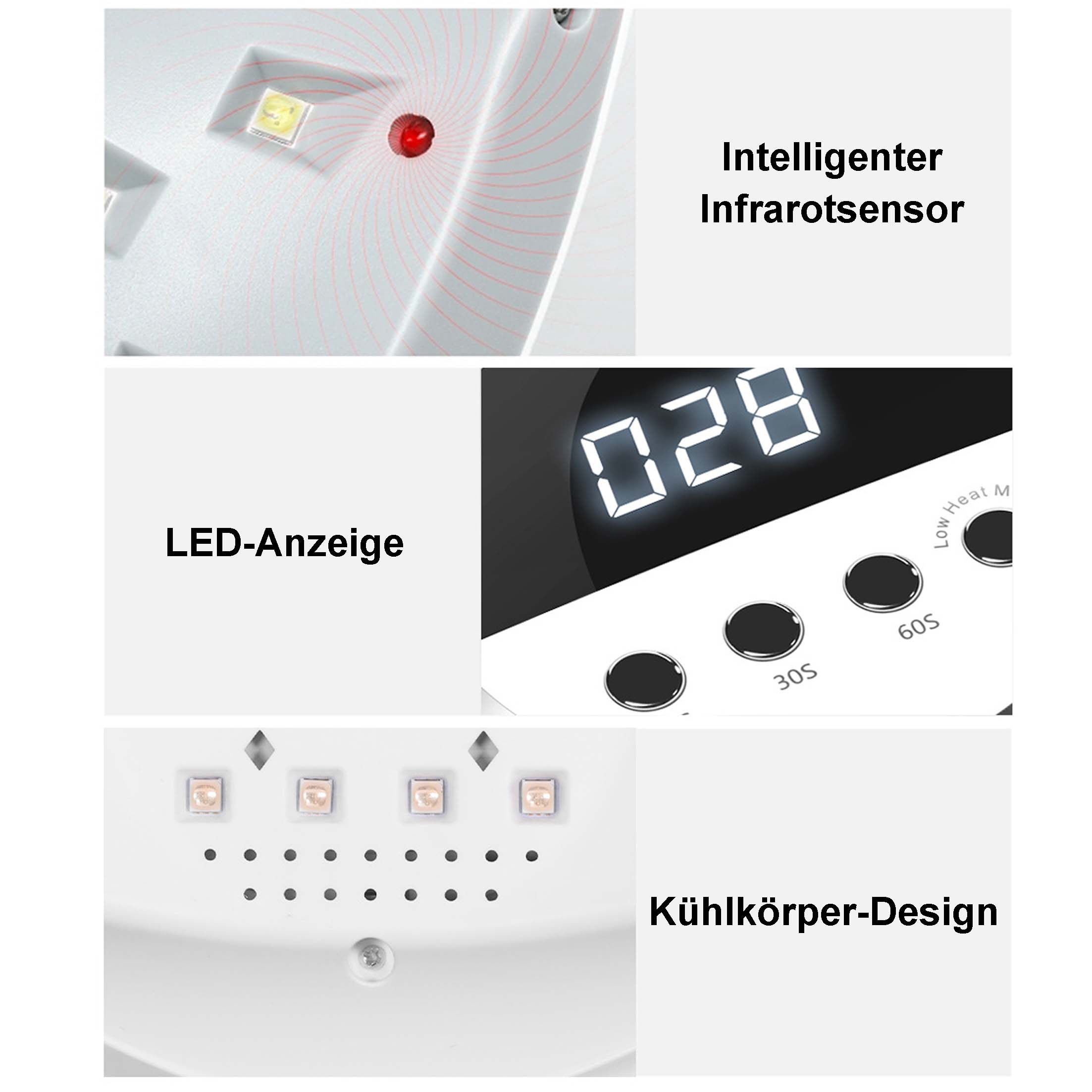 Nahaufnahme eines Nageltrockners mit LED-Leuchten, Digitalanzeige und Infrarotsensor.