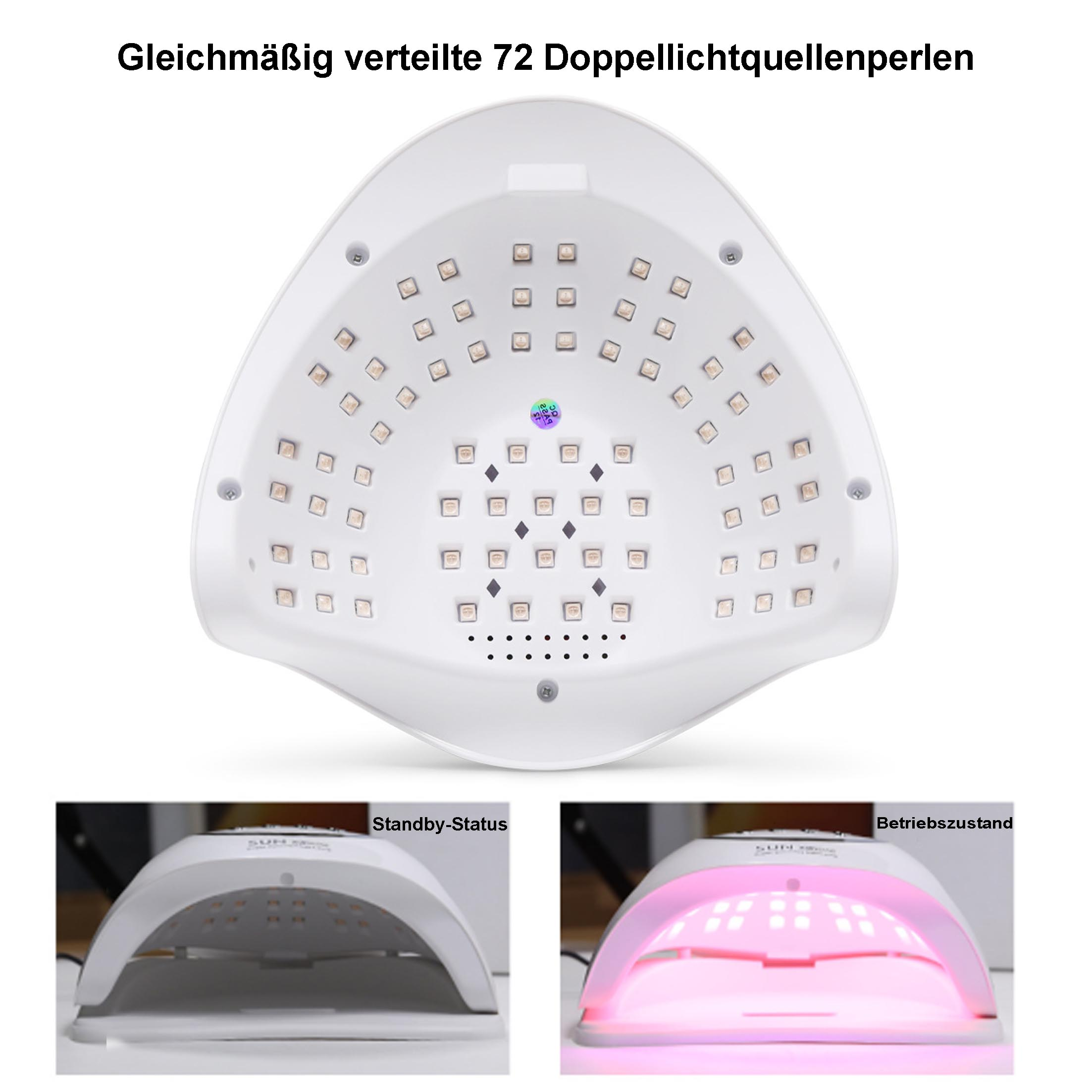 Eine weiße Nagellampe mit vielen kleinen Lichtern. Zwei Ansichten zeigen die Lampe ein- und ausgeschaltet.
