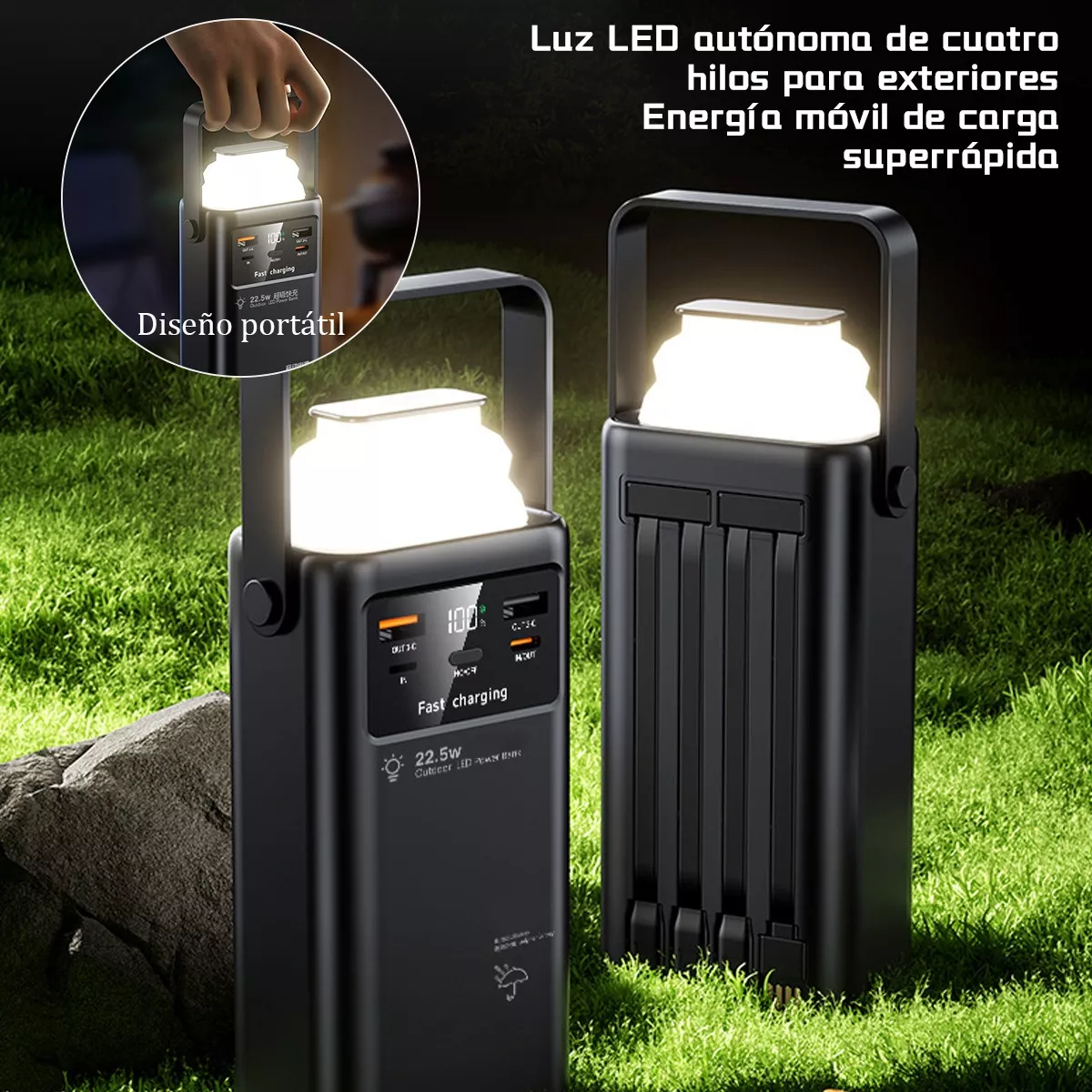 Dos linternas portátiles negras con carga rápida y luz encendida. Hierba verde.