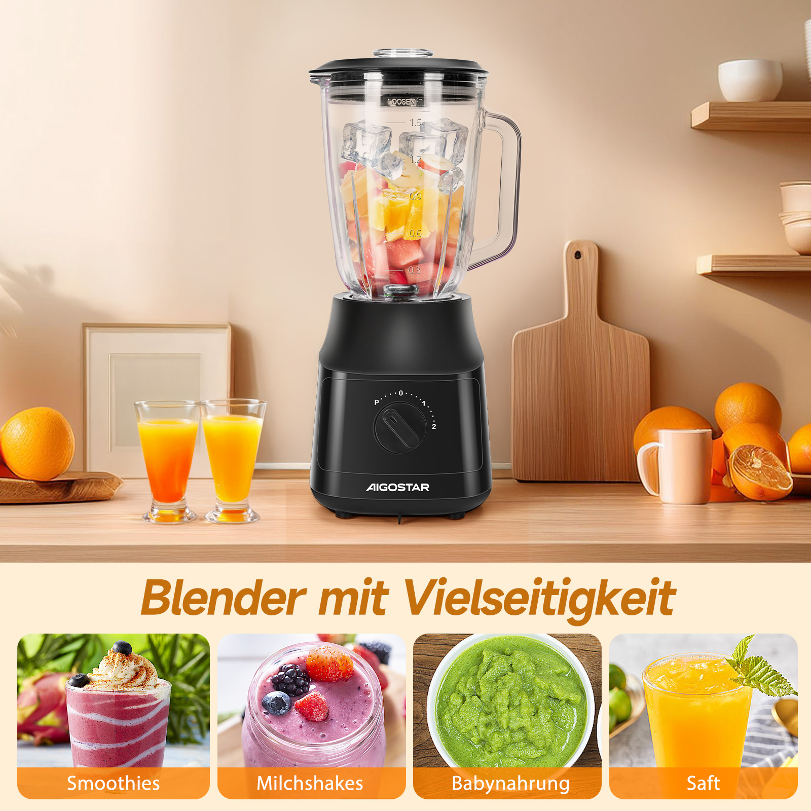 Schwarzer Mixer mit transparentem Behälter, Früchten darin und Essensbeispiele unten.
