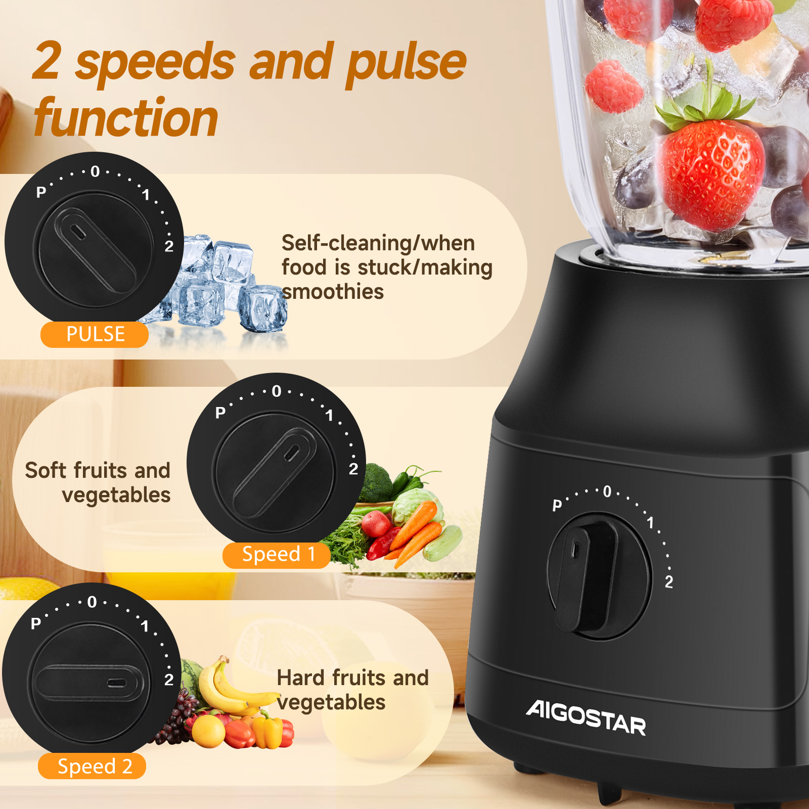 Schwarzer Mixer mit Anweisungen für Geschwindigkeiten und Funktionen. Eis, Obst und Gemüse.