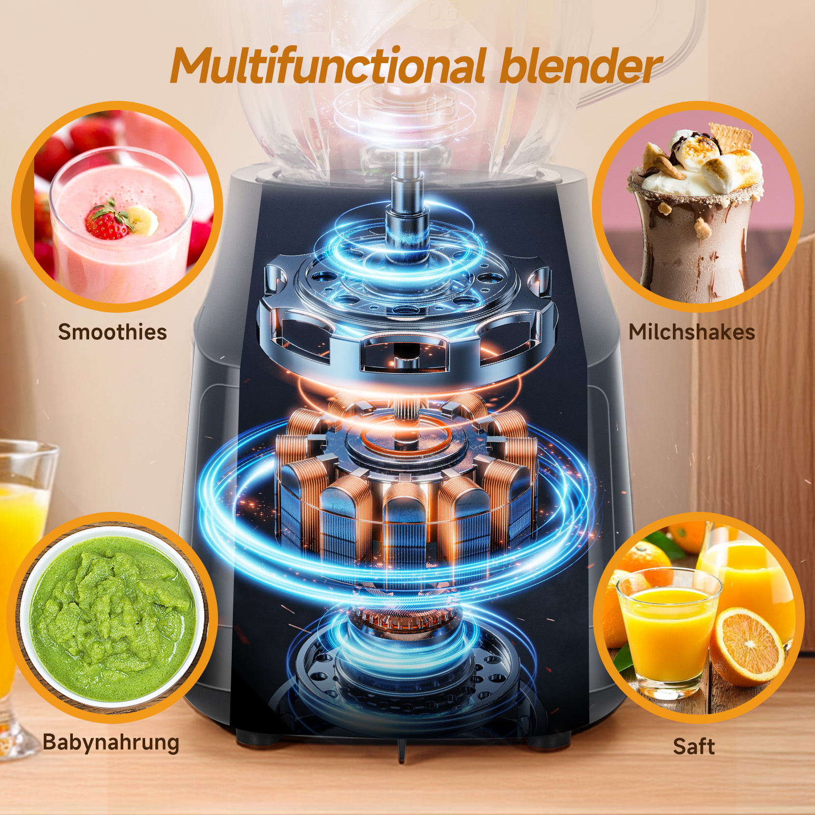 Multifunktionaler Mixer mit Bildern von Smoothies, Milchshakes, Babynahrung und Saft.